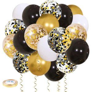 Black Gold Confetti Balloons 50 pack - 12 Inch Gold White and Black Confetti